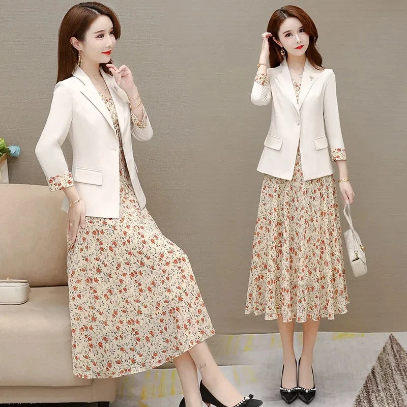 Elegante vestido floral ternos moda 2 peça conjunto roupas femininas casual fino chiffon blazer jaqueta e sem mangas midi vestidos de impressão