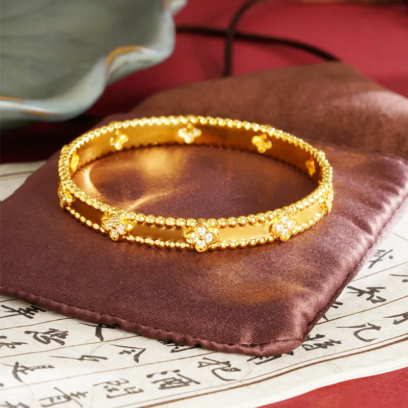 

Luxury 24K 9999 Pure Gold real gold Women's Bracelet Dot Lace Diamond Four Leaf Flower Bracelet