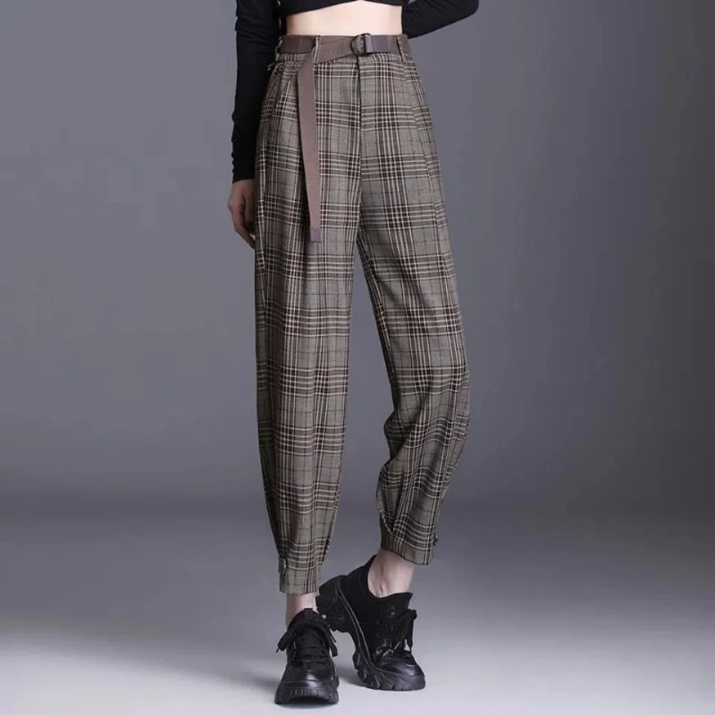 Pantalones de lana a cuadros para mujer, Pantalón elástico con bolsillo, cintura alta, moda coreana, informal, hasta el tobillo, Otoño e Invierno