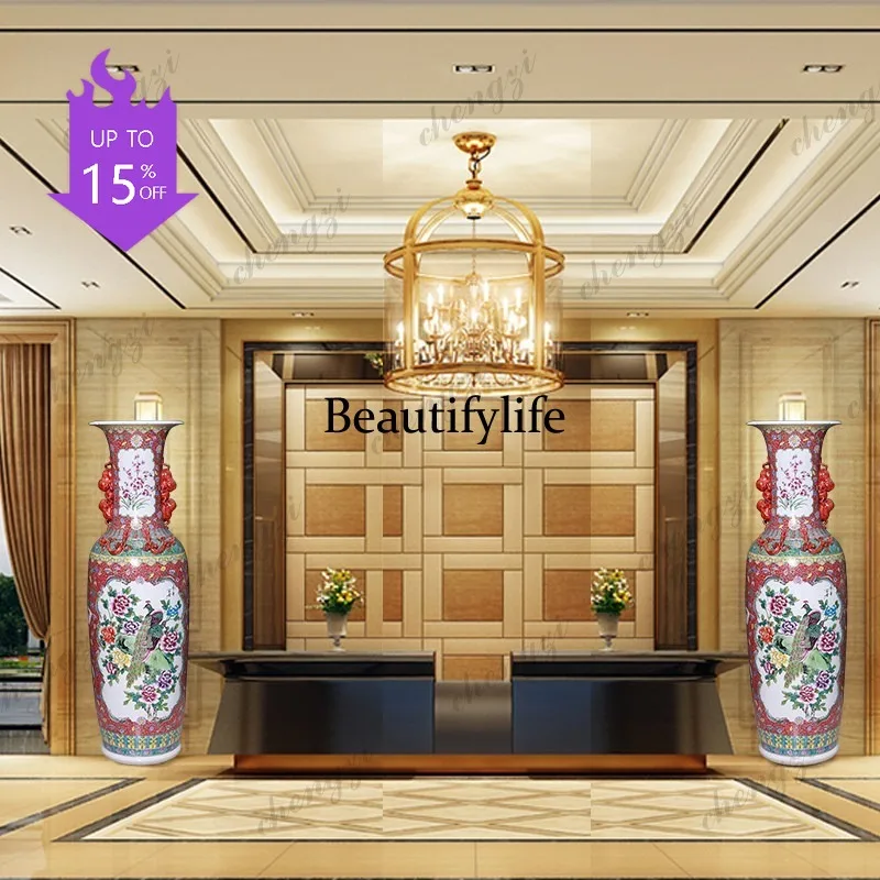 03 Ceramic hand-painted floor-to-ceiling large vase pastel binaural double-sided peony bottle living room antique ornament