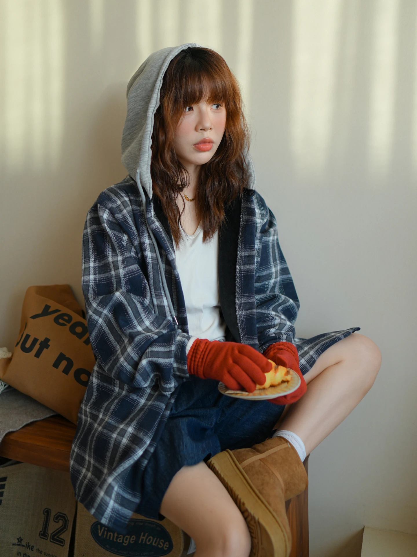

Retro Fce Lined Hooded Plaid Long Sve Women's irt Loose Lazy Sle Autumn Winter Coat Korean Sle Warm Daily Wear