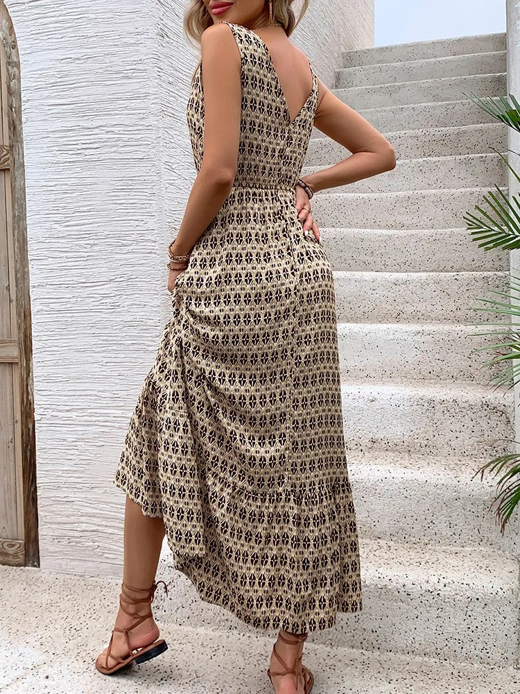 Damska letnia sukienka Maxi Tank Vintage A-line Print V-neck Sleeveless Loose Hem Boho Fashion Casual Dresses For Women Vestidos