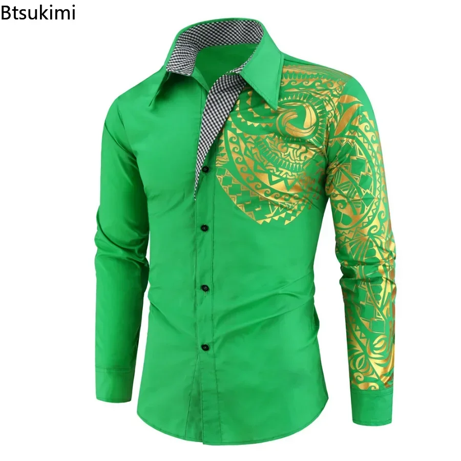 2025 Men's Long Sleeve Shirt Luxury Totem Gilding Formal Dress Shirts Tops Male Slim Fit Prom Party Social Print Shirt for Men