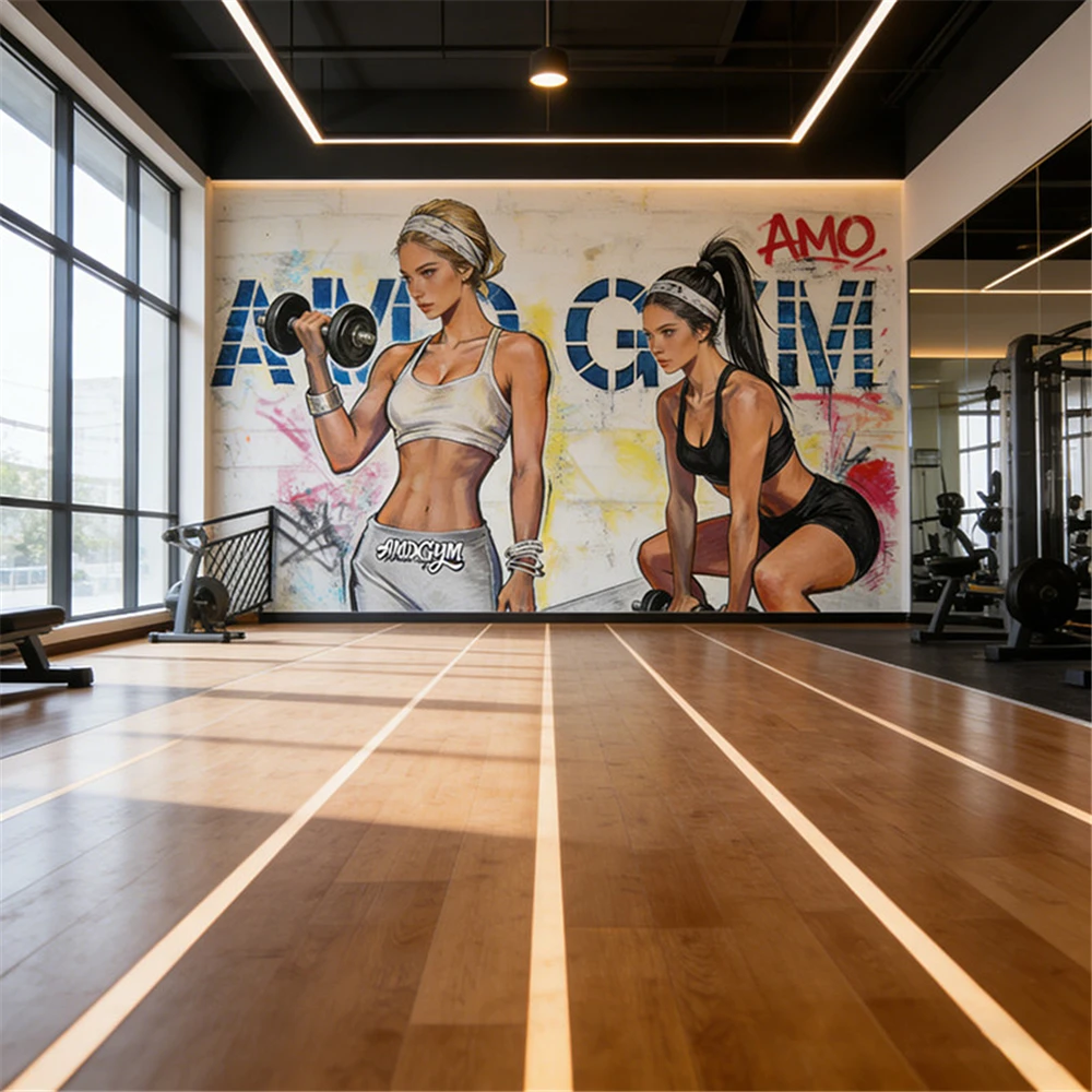 Custom Graffiti vintage plank sports fitness wallpapers for living room background furniture Muscle man Stickers furniture decor