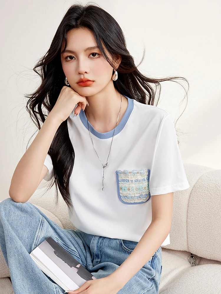 2024 Summer New Contrast Color Splicing Short-Sleeved T-shirt Women Korean Style Fashion Casual Tees Commuting Loose Tops