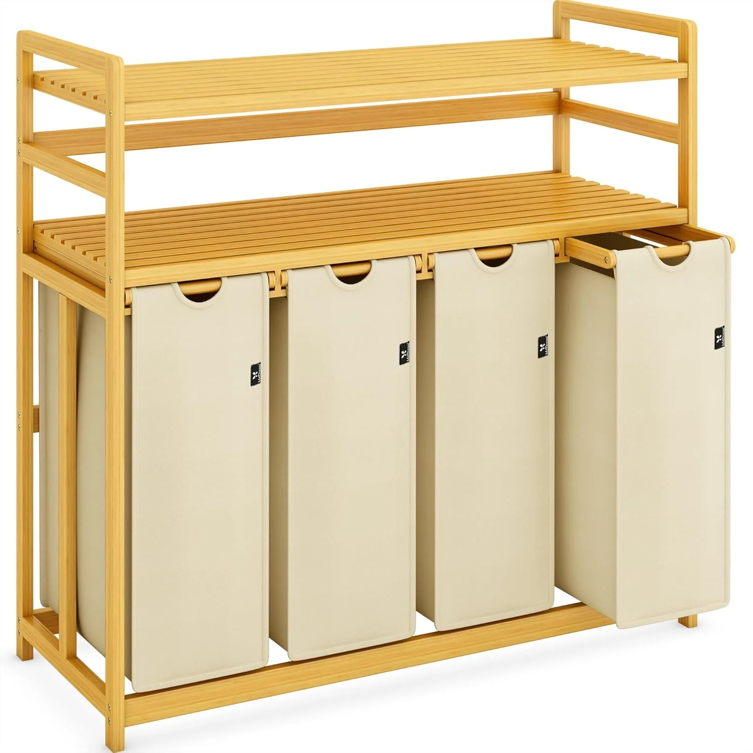 

Корзина для сортировки белья Bathola Bamboo с 4 съемными мешками, 2-уровневая полка, 200 л, органайзер для сортировки белья