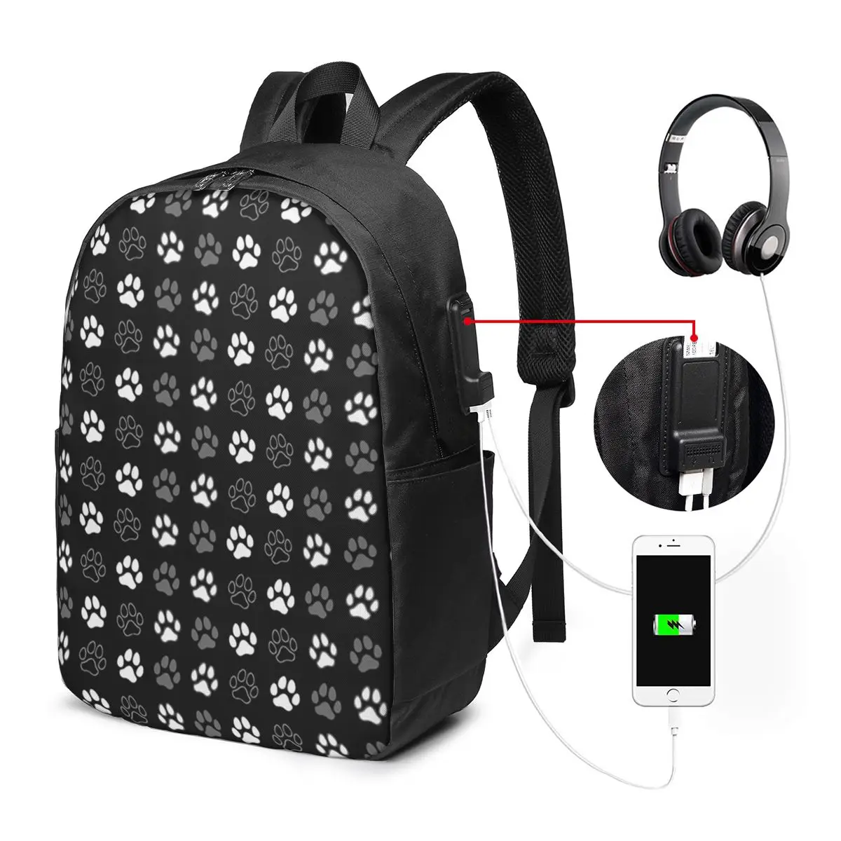 Grey Dog Paw Pattern Backpack Travel Notebook Bag Computer College Student School Bag Laptop Shoulder Bags for Men Women