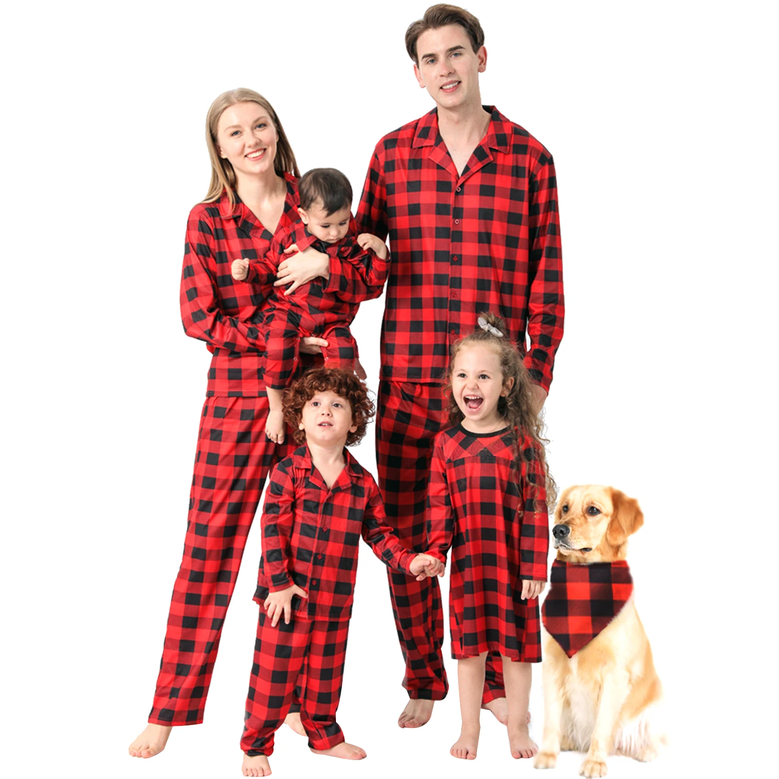 

Christmas Parent-child Pajamas Sets Plaid Print Long Sleeve Lapel Shirt Pants, Dress, Jumpsuit, Dog Triangular Bib Nightwear