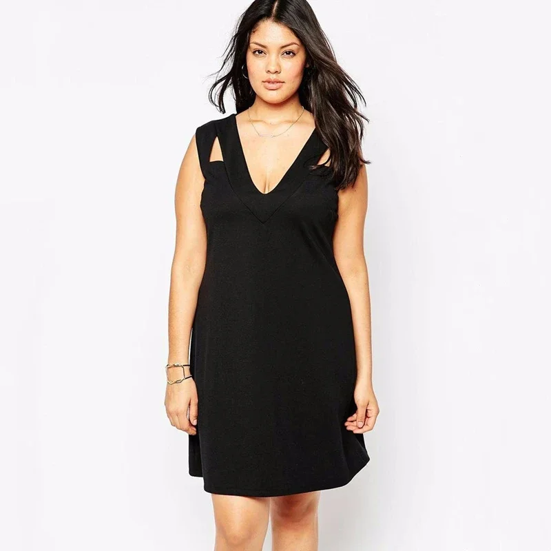 

Plus Size Sexy V-neck Straight Dress Black Sleeveless Keyhole Front Casual Street Dress Female Large Size Tank Dress 6XL 7XL 8XL