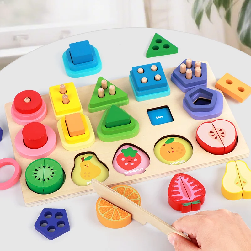 Riconoscimento della forma e del colore che taglia frutta Abilità motorie fini e gioco educativo per lo sviluppo cognitivo con un design divertente