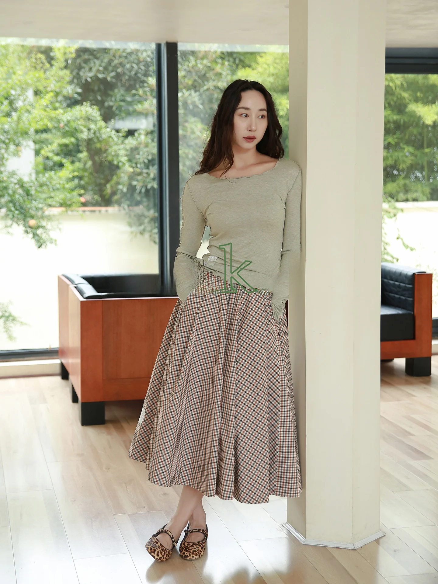 

Юбка-солнце Hukket из чистого хлопка в клетку с 3D-симметричными складками, повседневная, свободного кроя, А-силуэт, со средней талией