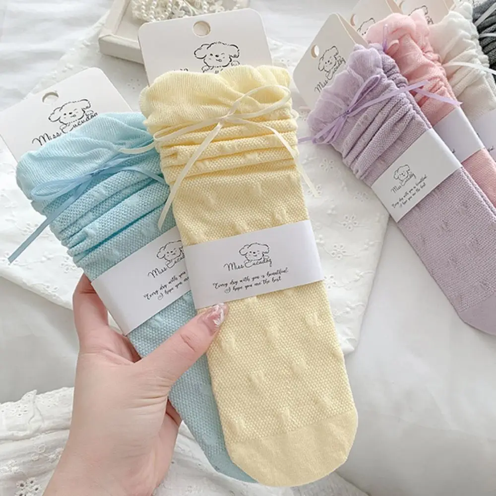 

Comfortable Sweet Children Mid-Tube Hosiery Princess Ribbon Bow Lolita Lace Stockings Solid Color Cotton Balletcore Socks Daily
