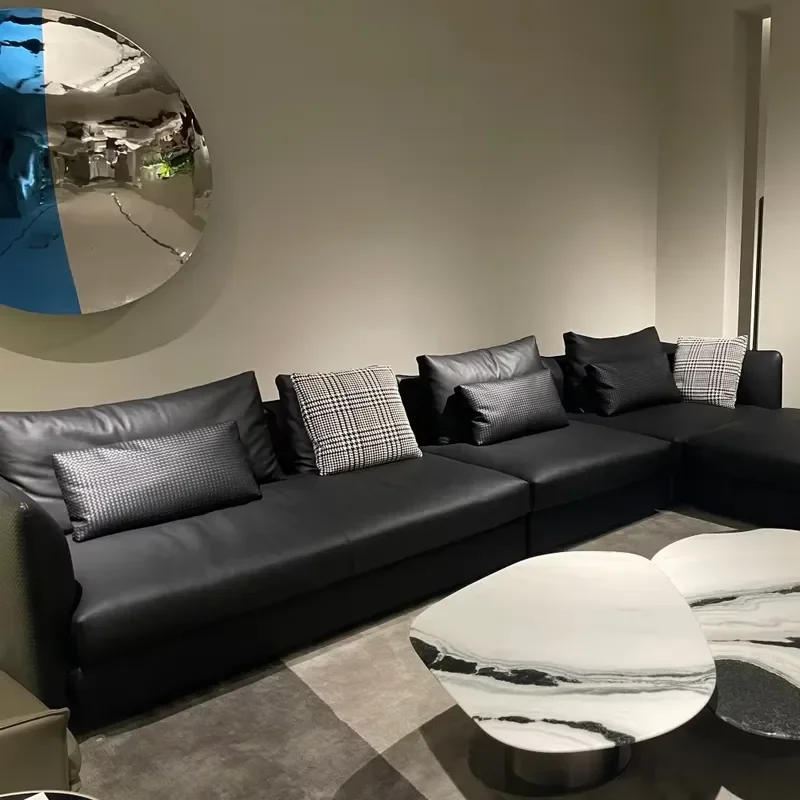 High-end Custom All-leather Sofa Genuine Leather Italian Minimalist Straight Row Black Sofa for Living Room&apartment