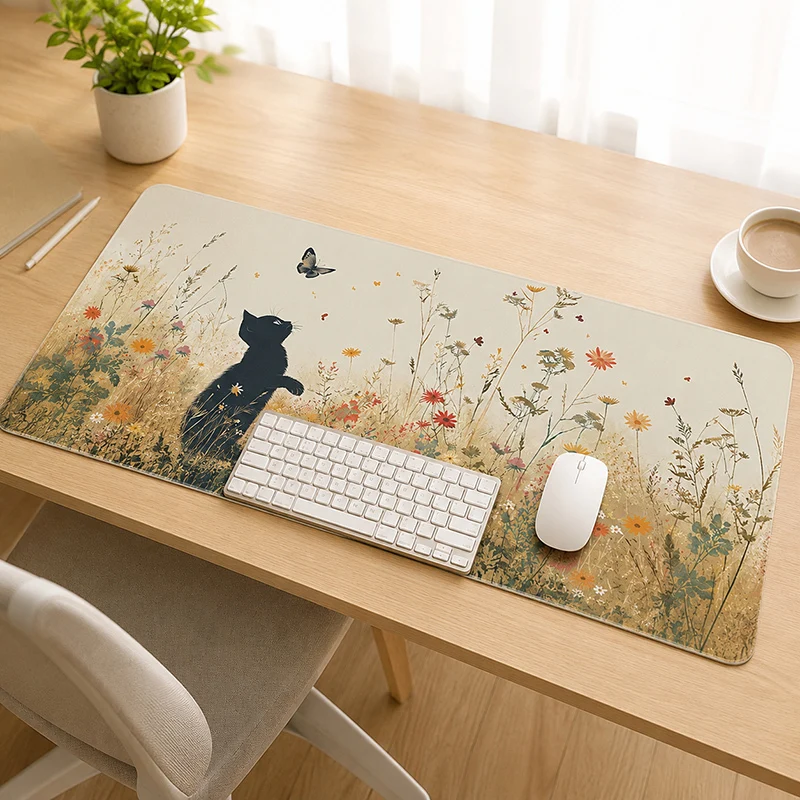 Mouse Pad Black Cat Wildflower Gamer XL New Mousepad XXL Mouse Mat Office Non-Slip Natural Rubber Office Accessories Mouse Mats