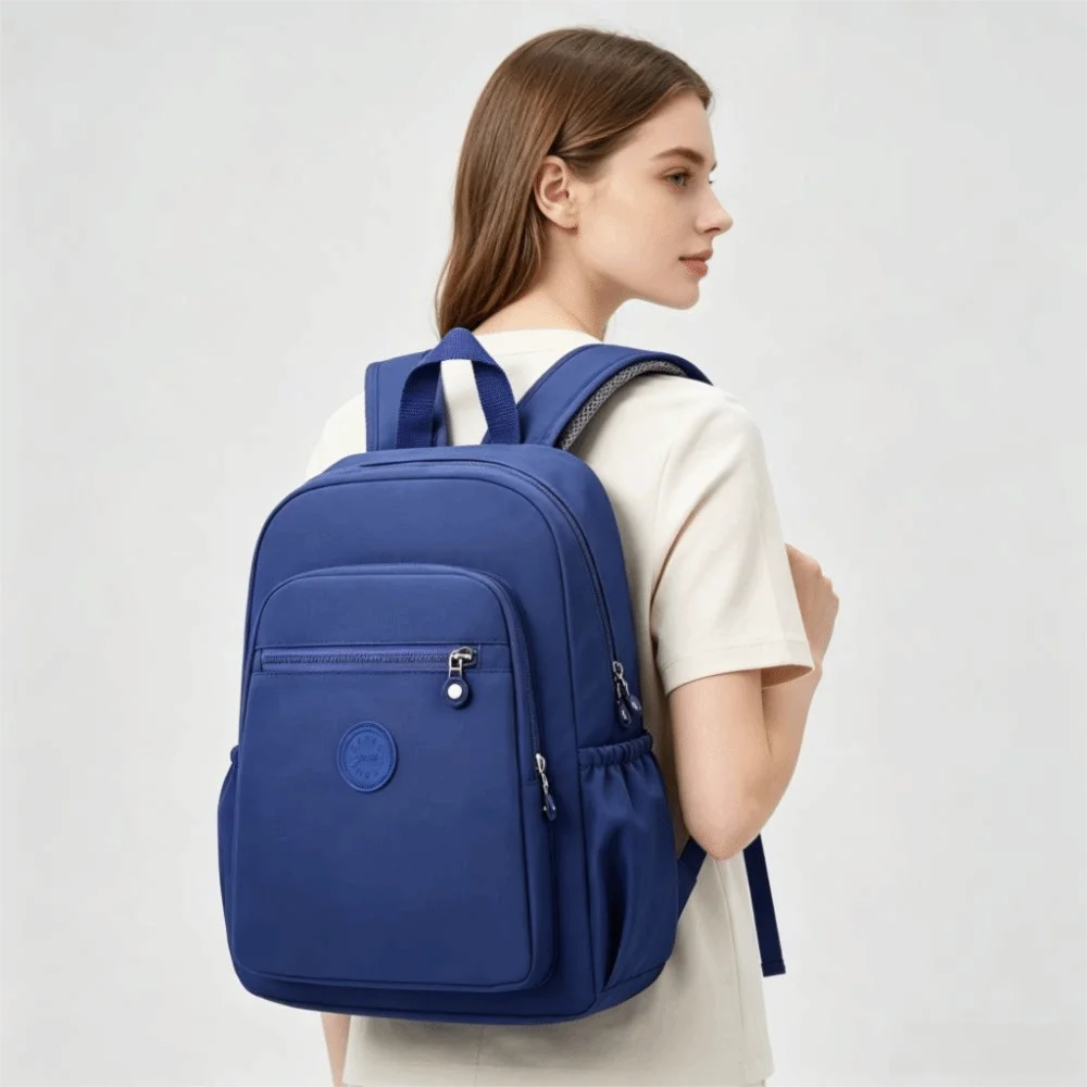 Nylon Women's Backpack Anti-Splash Solid Color Travel Daypack Large-Capacity Adjustable Strap Student Schoolbag for Women