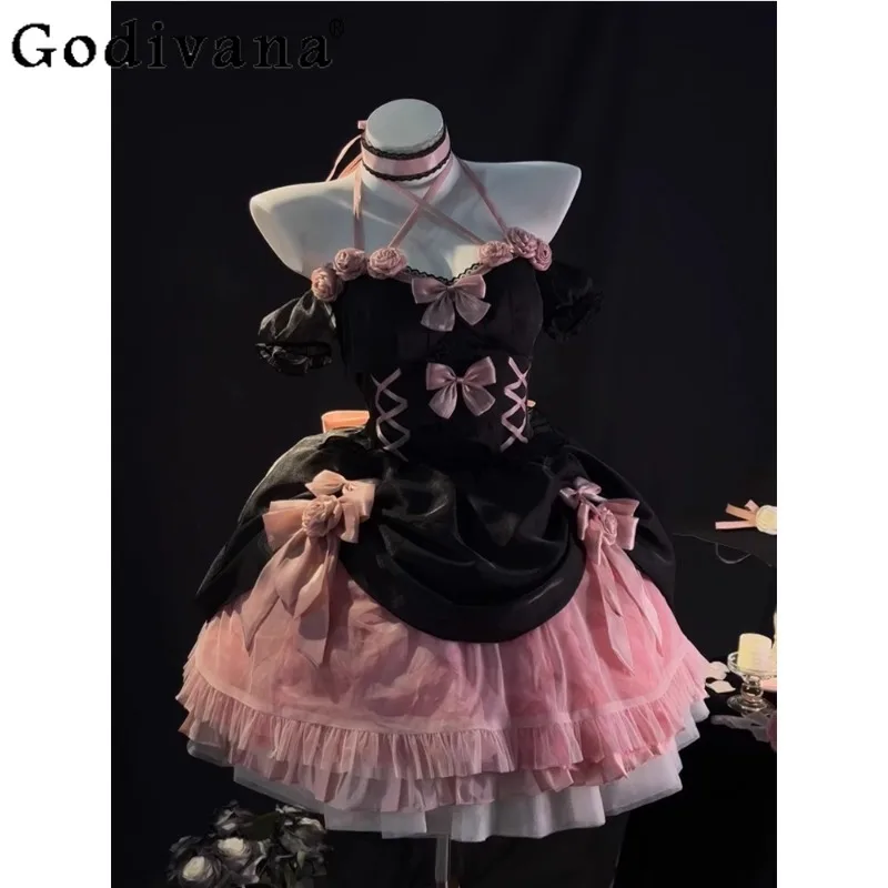 

Black Pink Rose Lolita Wedding Dress Women's Lolita Birthday Grown Up Celebration Dress Female Bow Design Princess Dress