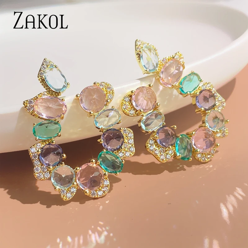 ZAKOL Luxury Mutilcolor U Shape Zircon Stud Earrings for Women Shinny Crystal Earring Fashion Gold Color Party Daily Jewelry