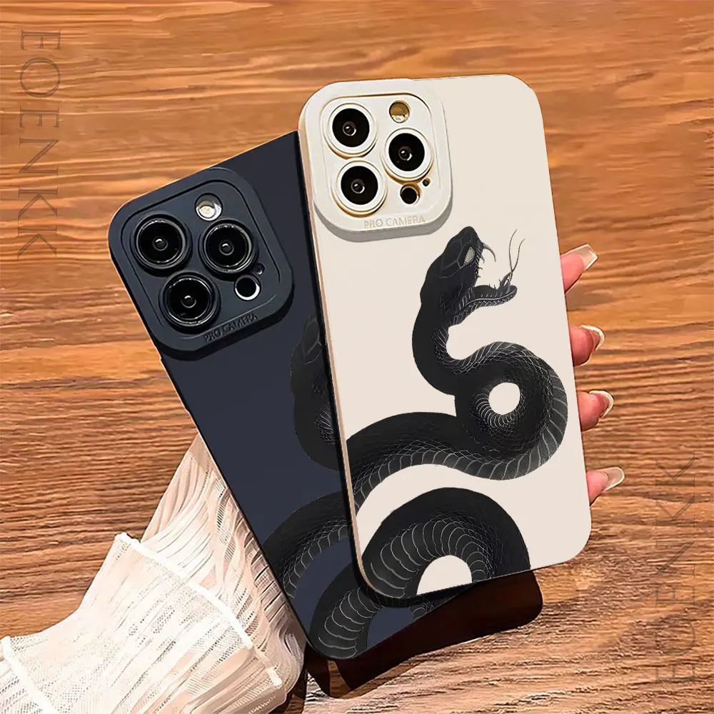 Black Python Painting Tideway Phone Case For iPhone15 14 13 12 11 Pro Max 7 8 14 15 Plus XR X XS Max SE 20 12 13 Mini Soft Cover