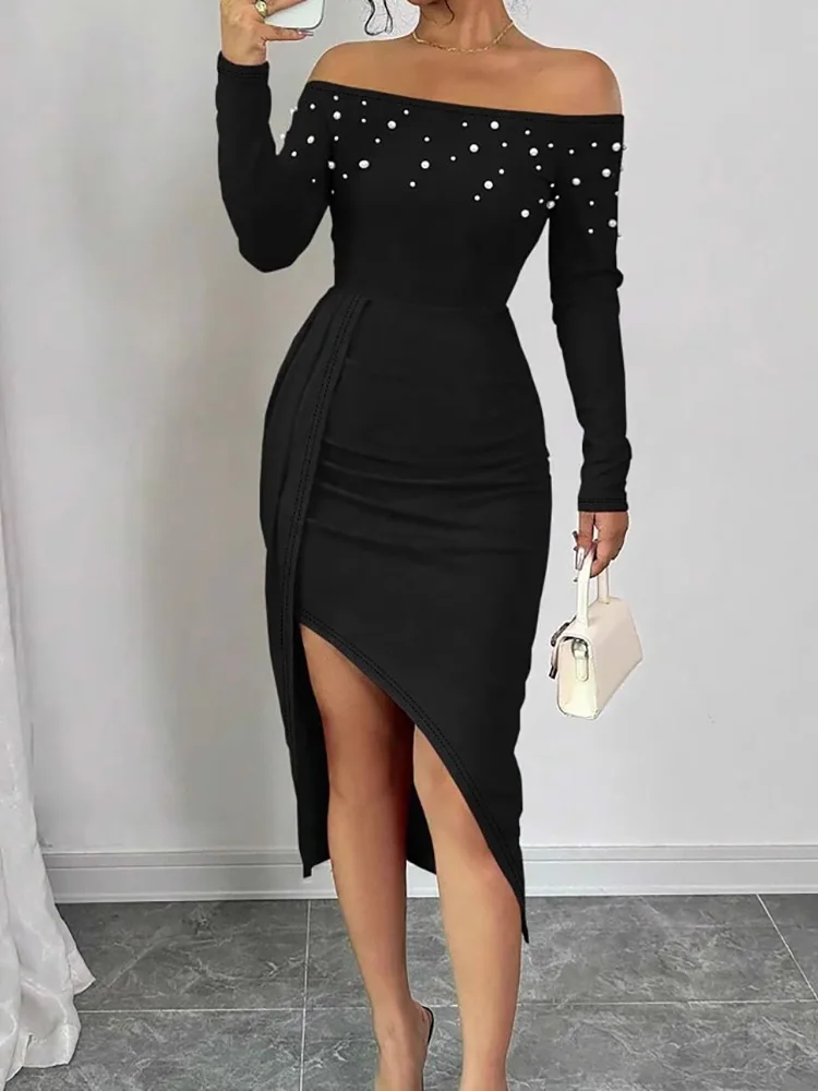 

Spring Summer Slash Neck Chic Maxi Dress, Women Holiday Long Sleeve Fashion Party Dress, New Solid Patchwork Simple Ladies Dress