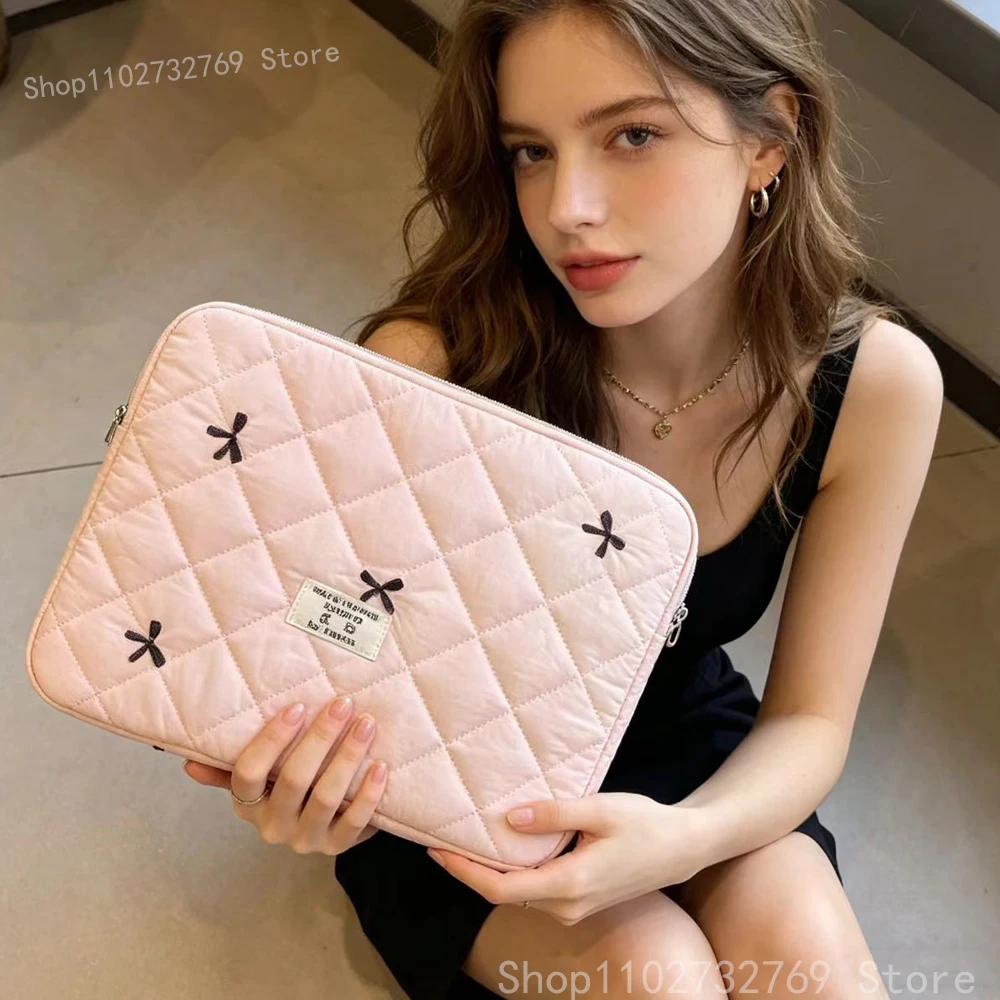 Quilted Bow Laptop Sleeve 11 13 14 15.6 Inch - Shockproof Soft Padded Computer Bag for MacBook iPad Pro, Cute Korean Style Noteb