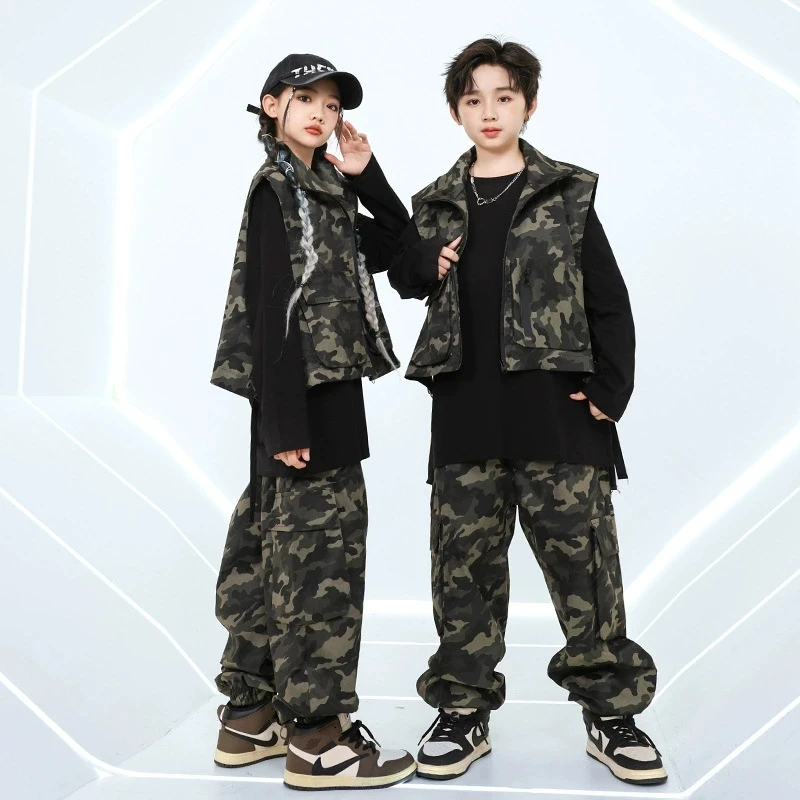 Big Boys Hip Hop Dance Outfit Girls Camo Vest & Cargo Pants Set Trendy Jazz Streetwear Costume Girl Performance Two-Piece Suits