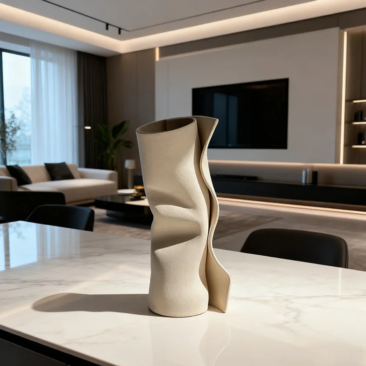 Modern Abstract Wavy Ceramic Vase Beige for Dining Table Living Room Home Interior Stylish Decoration Accent Piece