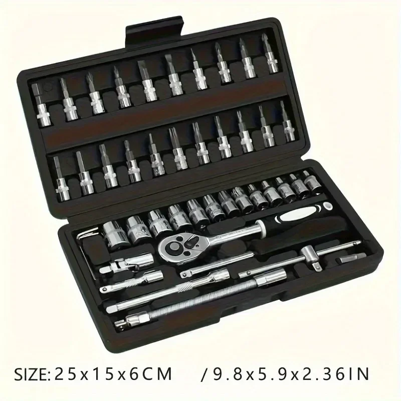 46pcs Automotive Mechanical Tool Kit - High Quality Ratchet Wrench and Matching Screwdriver Set - Ultra Portable