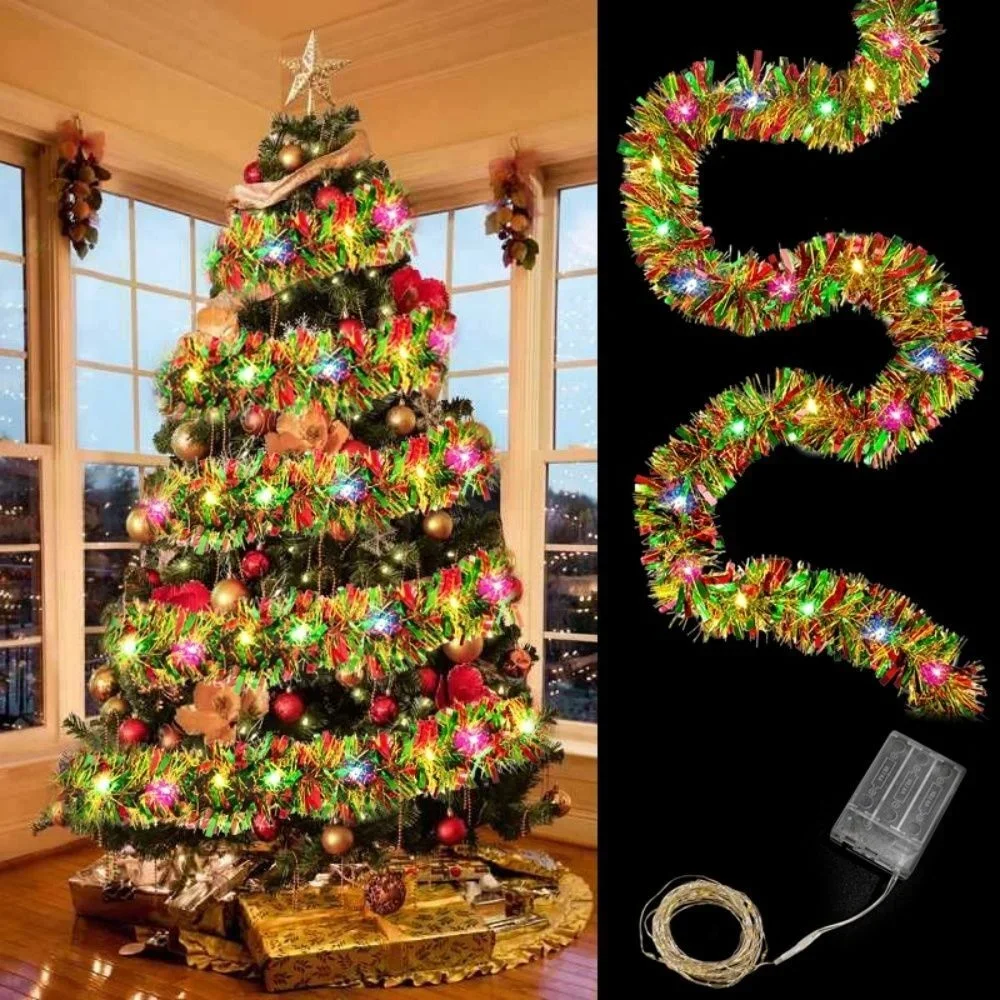5M/50LED Christmas Tree Garland Thick Hanging Christmas Tinsel Garland Metallic Shiny Garland with Lights for Home Decoration