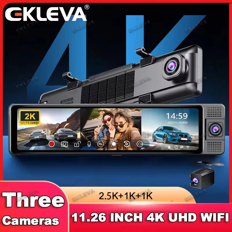 

11.26" Car DVR 4K UHD Mirror Dash Cam 3 Way Camera Front/Cabin/Rear Cam GPS Track Playback 5G Wifi Rearview Mirror Night Vision