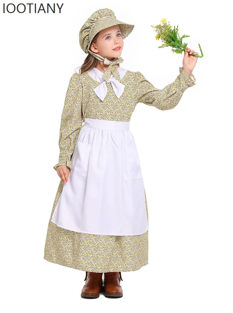 Nowy żółty kwiatowy kostium dla dziewczynek wiktoriański średniowieczny styl duszpasterski sukienka Halloween karnawałowe przyjęcie odgrywanie ról kostium fartuch zestaw