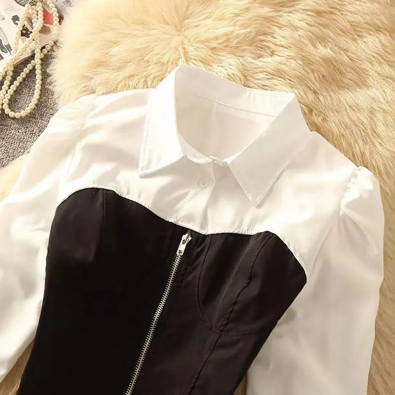 Elegant zipper splicing white shirt for spring and summer, new casual and personalized fake two-piece shirt