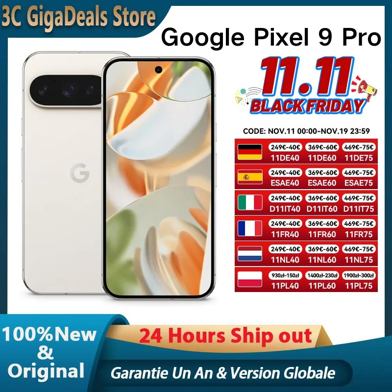 جوجل بيكسل 9 برو، الإصدار العالمي، خارج بوصة، جوجل تسور G4، 4700 مللي أمبير، شحن 27 وات، PD3.0، OLED، 120 هرتز، 16 جيجابايت رام، روم دي جو، هاتف ذكي