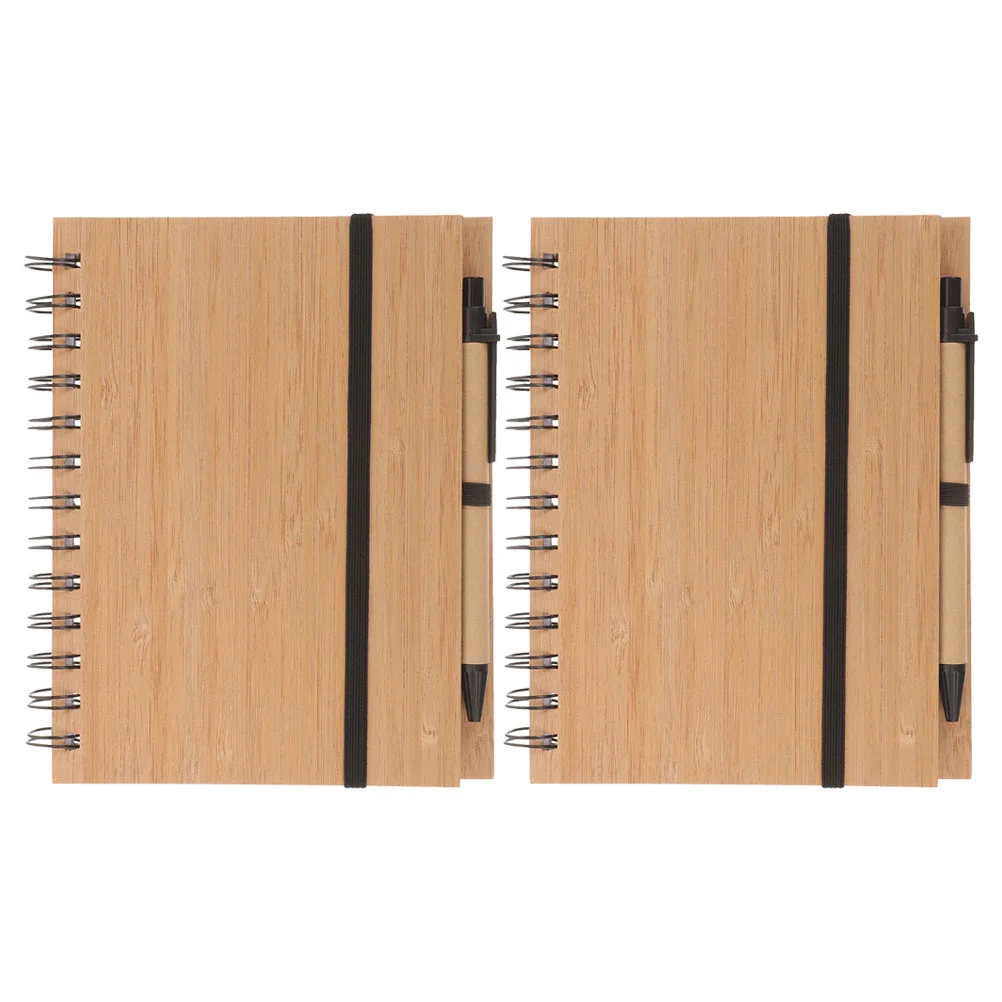 2 Sets Bamboo Notebook Office Memo Pads Multi-function Notepad Spiral Notebooks for Taking Multifunction Daily Use