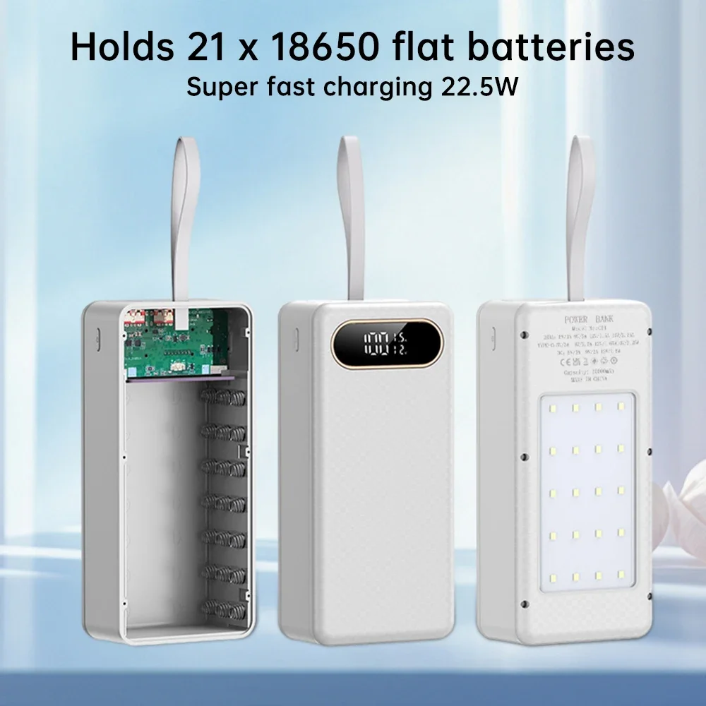 

21PCS 18650 Battery Box DIY Mobile Power Case Solderless 22.5W Fast Charging DC/USB/Type-C Output With LED Light Outdoor Power