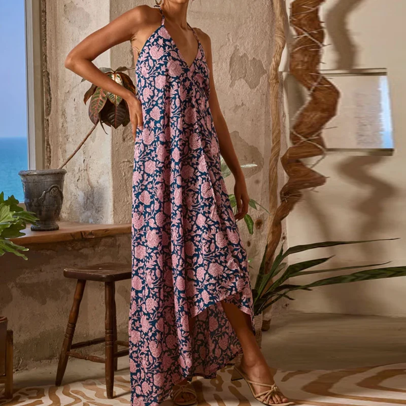 Summer Casual Pleat Loose Vacation Party Dress Women Elegant Sleeveless Hollow Dress 2025 Fashion Floral Print Beach Long Dress