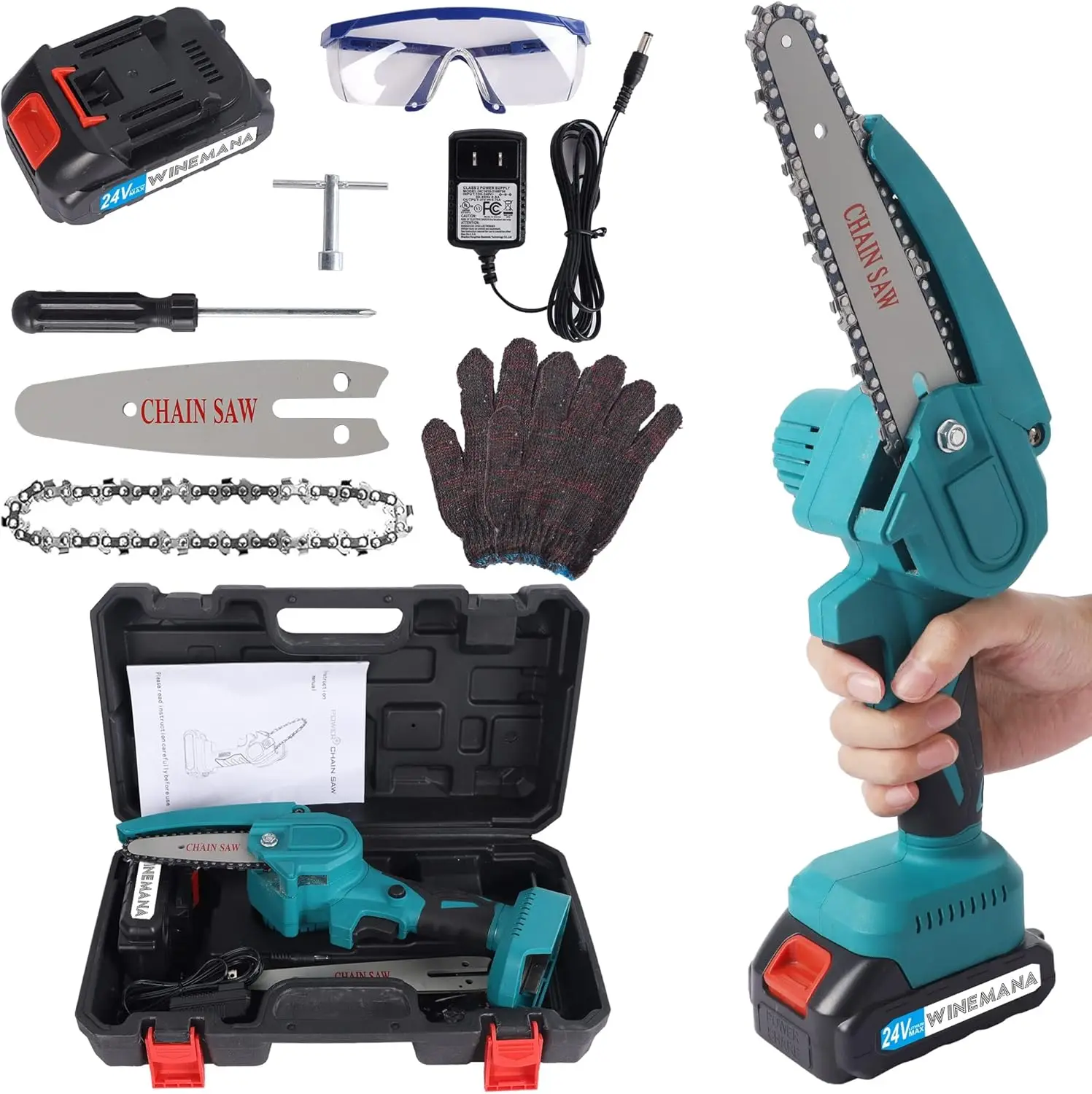 

Winemana Mini Chainsaw 4 & 6 Inch With 2 Battery, Cordless Battery Powered Electric Chainsaw, Powerful Handheld Small Chain