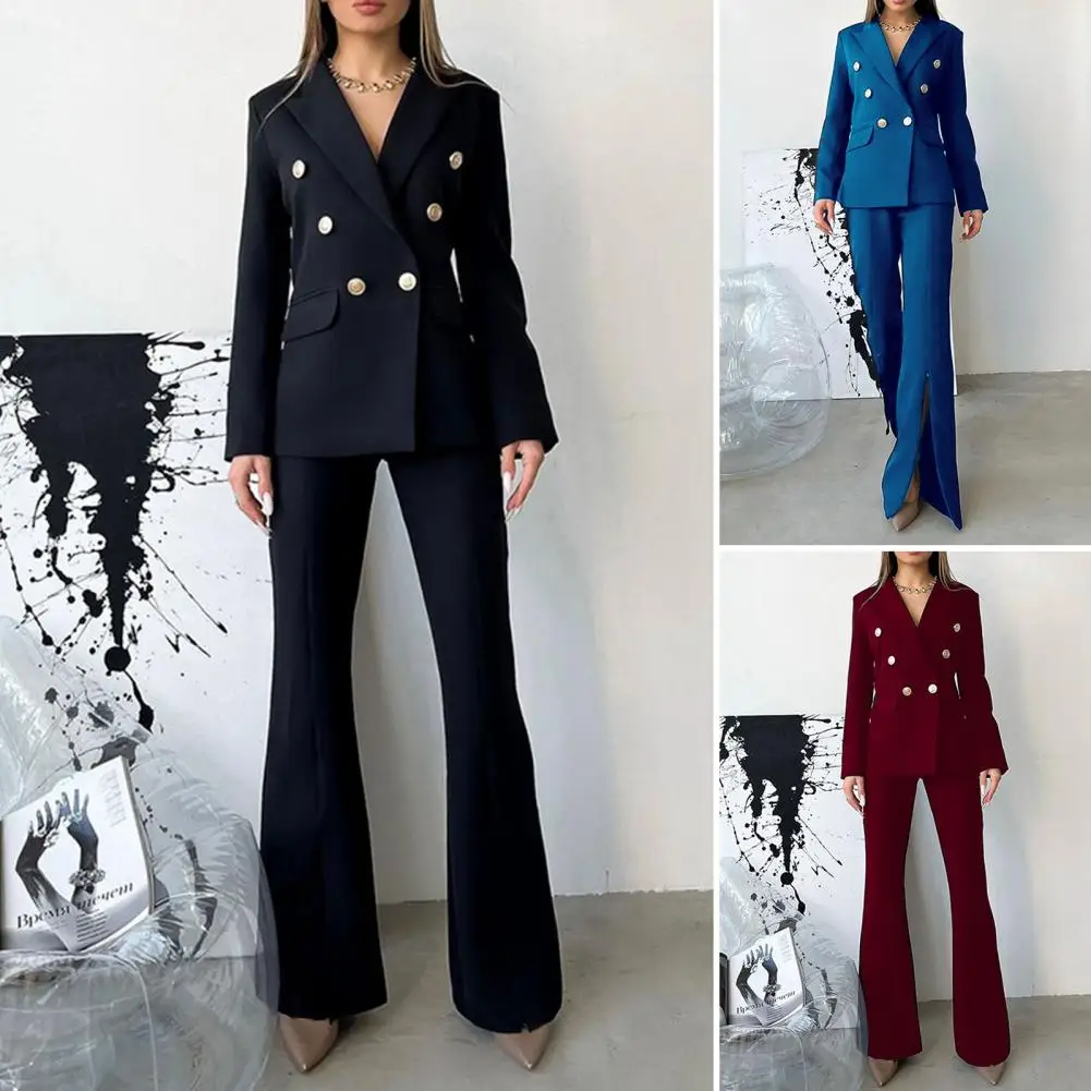 2 Pcs/Set Autumn Lady Business Suit Firm Stitching Long Sleeves Button Decor OL Style High Split Pants Formal Women Coat Suit Fo