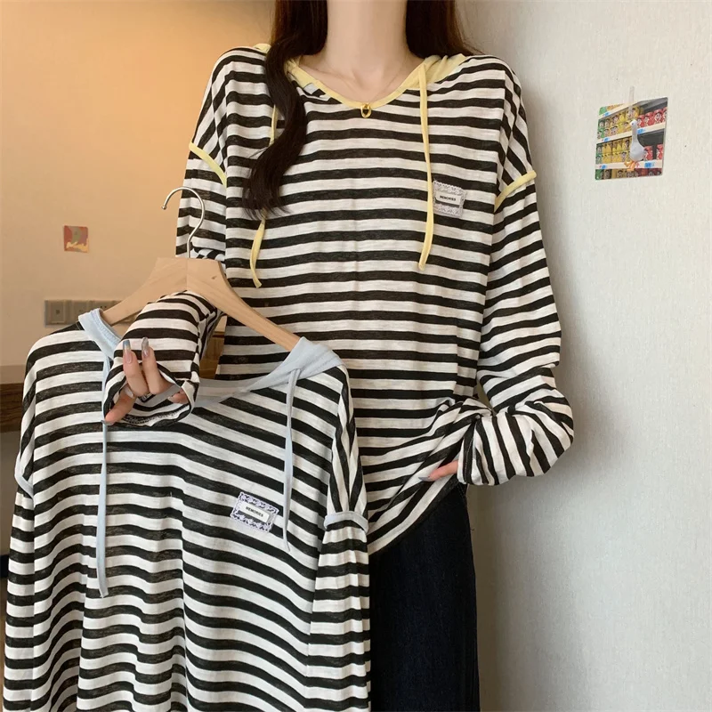 

Summer New Hooded Striped for Women Plus Size Loose Casual Thin Long Sleeve Sun Protection Shirt