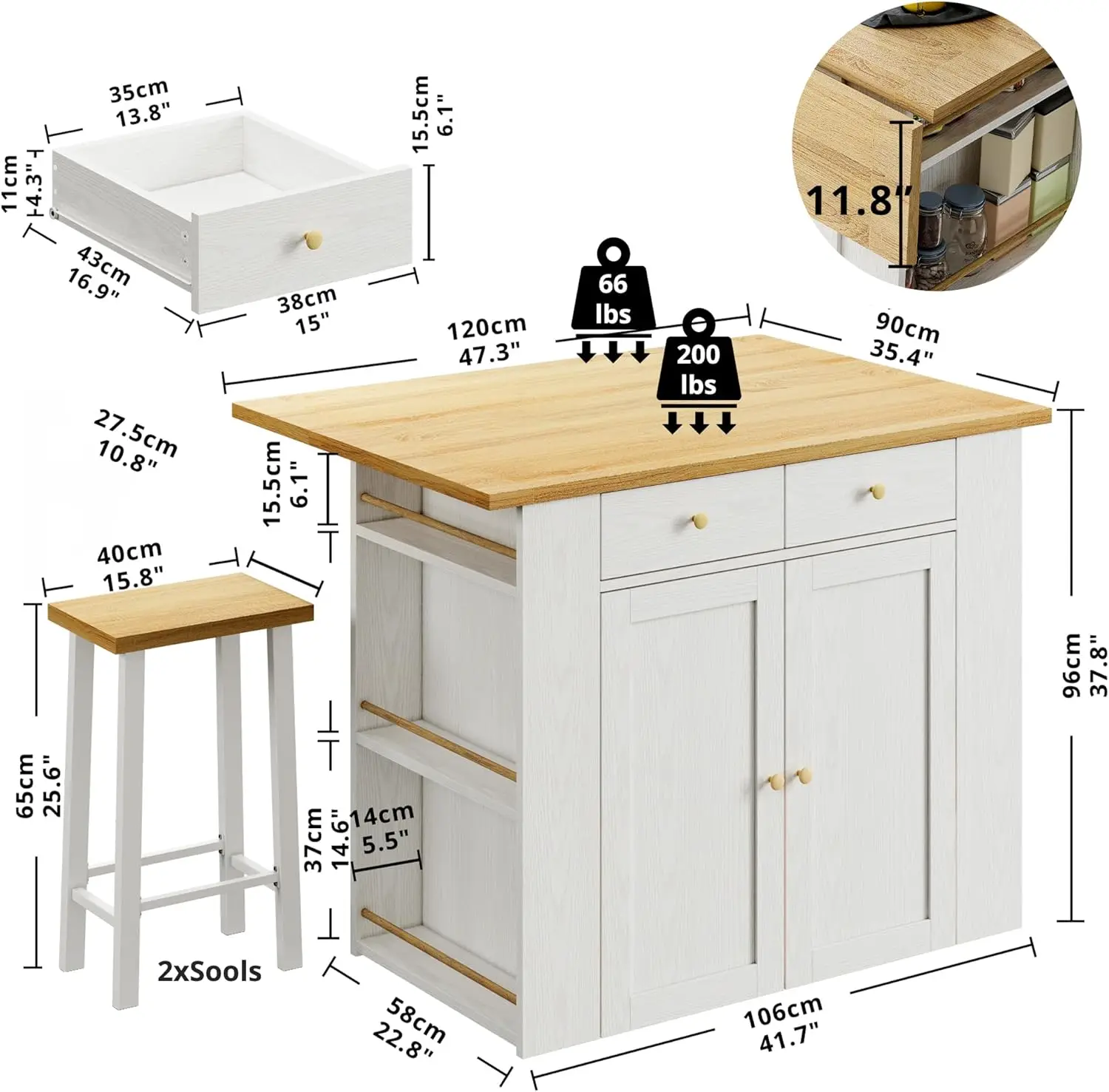 Kitchen Island with Stools, Large Countertop with Drop-Leaf, 2-Door Cabinet and 5 Open Side Racks/2 Utility Drawers