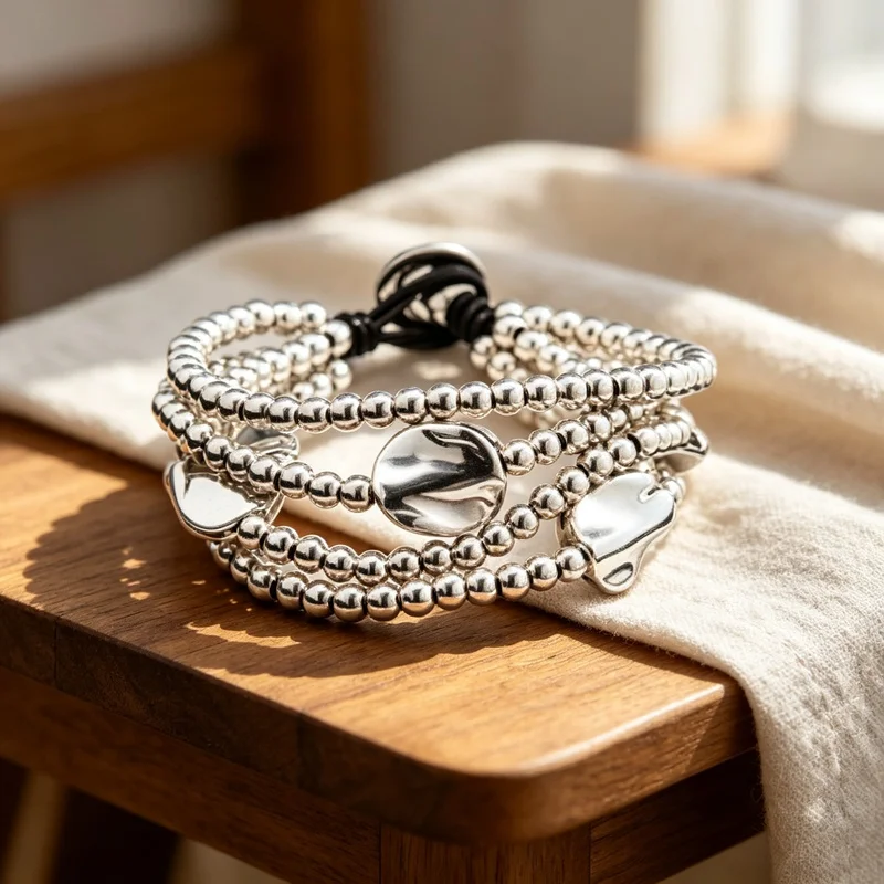 Alloy Three Strand Beaded Bracelet with Heart Charm, Silver Minimalist Jewelry for Women, Adjustable 15.7 cm, Everyday Gift