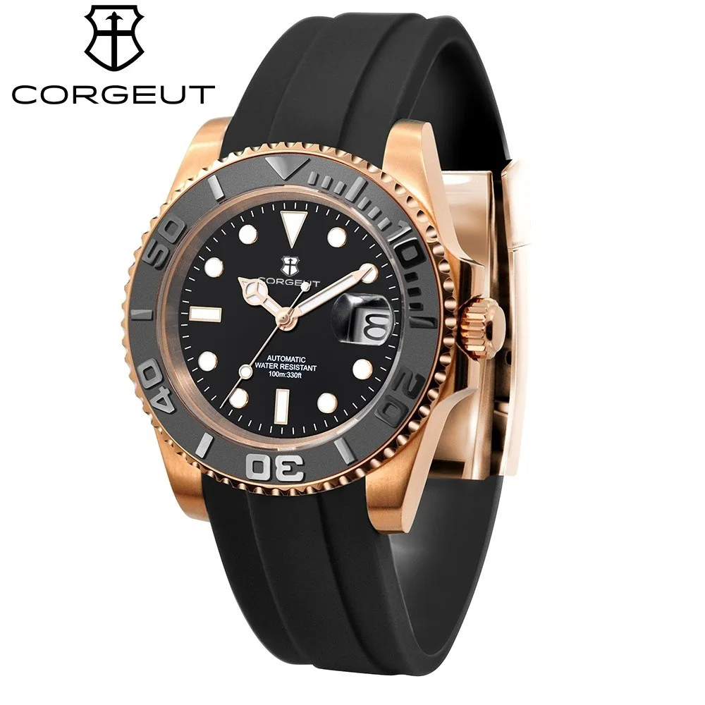 

Новые мужские часы Corgeut, 40 мм — автоматический механизм Miyota 8215, автоматический механизм, светящийся дисплей, корпус из розового золота, сапфировые кричи