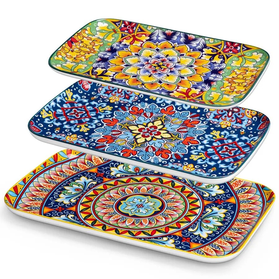 

Serving Platters Set of 3, 16 14 12 Inch Rectangular Trays Extra Large, Ceramic Bohemian Serving Dish for Entertaining Food, Mic