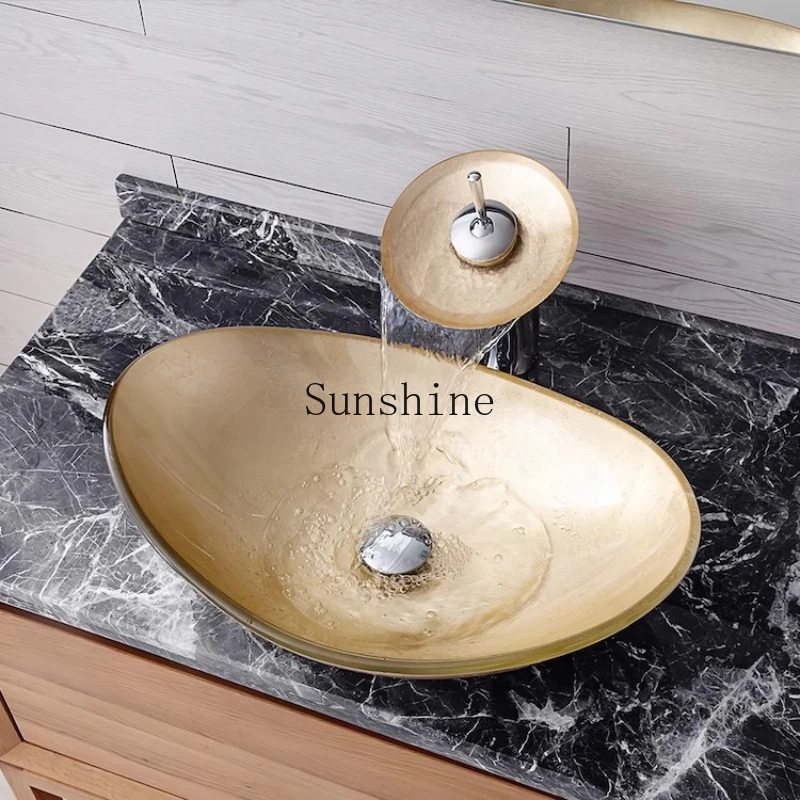 

Bathroom tempered glass table basin household simple personality art washbasin gold