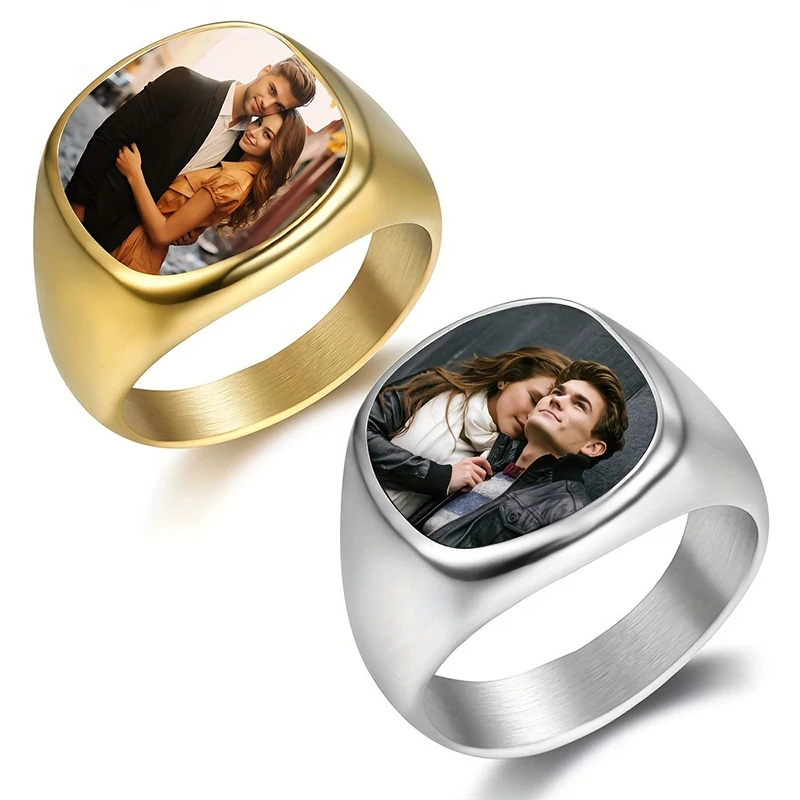 

Personalized Photo Rings for Men Custom Round Signet Engraved Picture Ring Stainless Steel Chunky Rings for Couples Jewelry