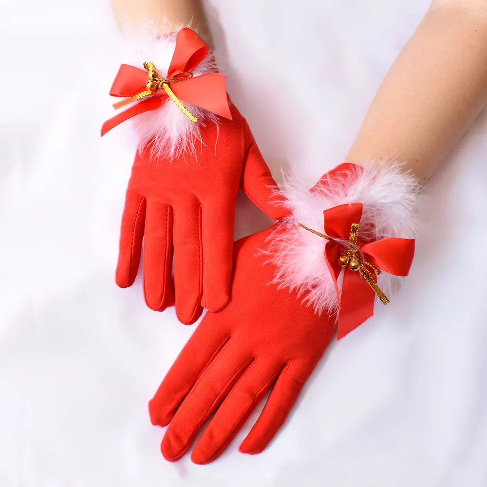 Ladies Christmas Gloves, Cute Feather Bells Christmas Set with Gloves, Stretch Milk Silk Gloves