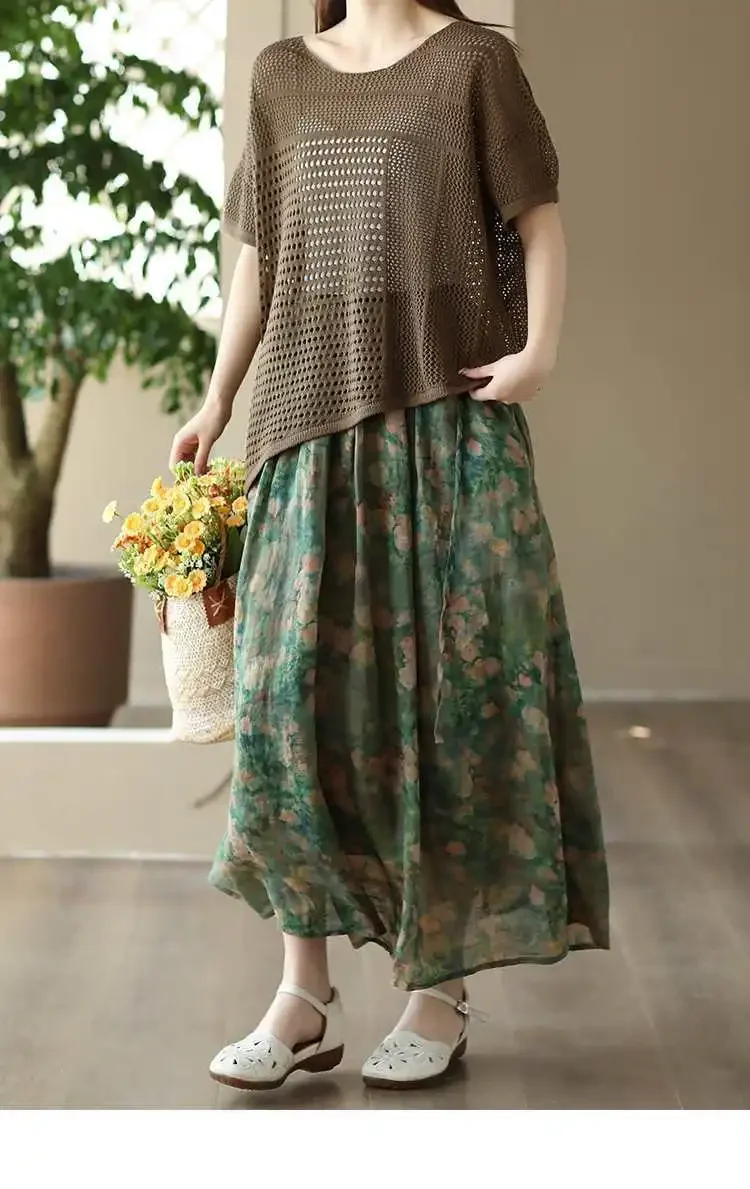 2023 صيف جديد الصناعة الثقيلة المطبوعة طبقة مزدوجة تنورة المرأة خمر الأزهار المطبوعة نصف تنورة سوينغ كبير #2