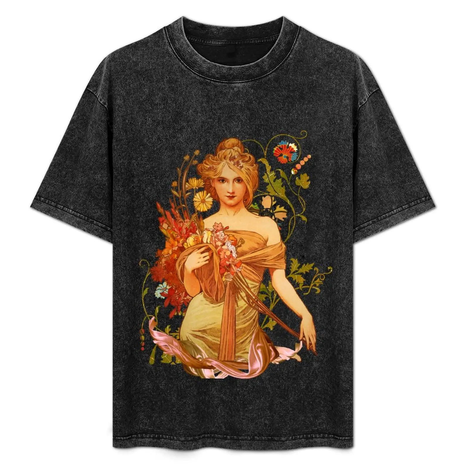 

Mucha Floral T-Shirt Casual Trendy Short Sleeve T-Shirt