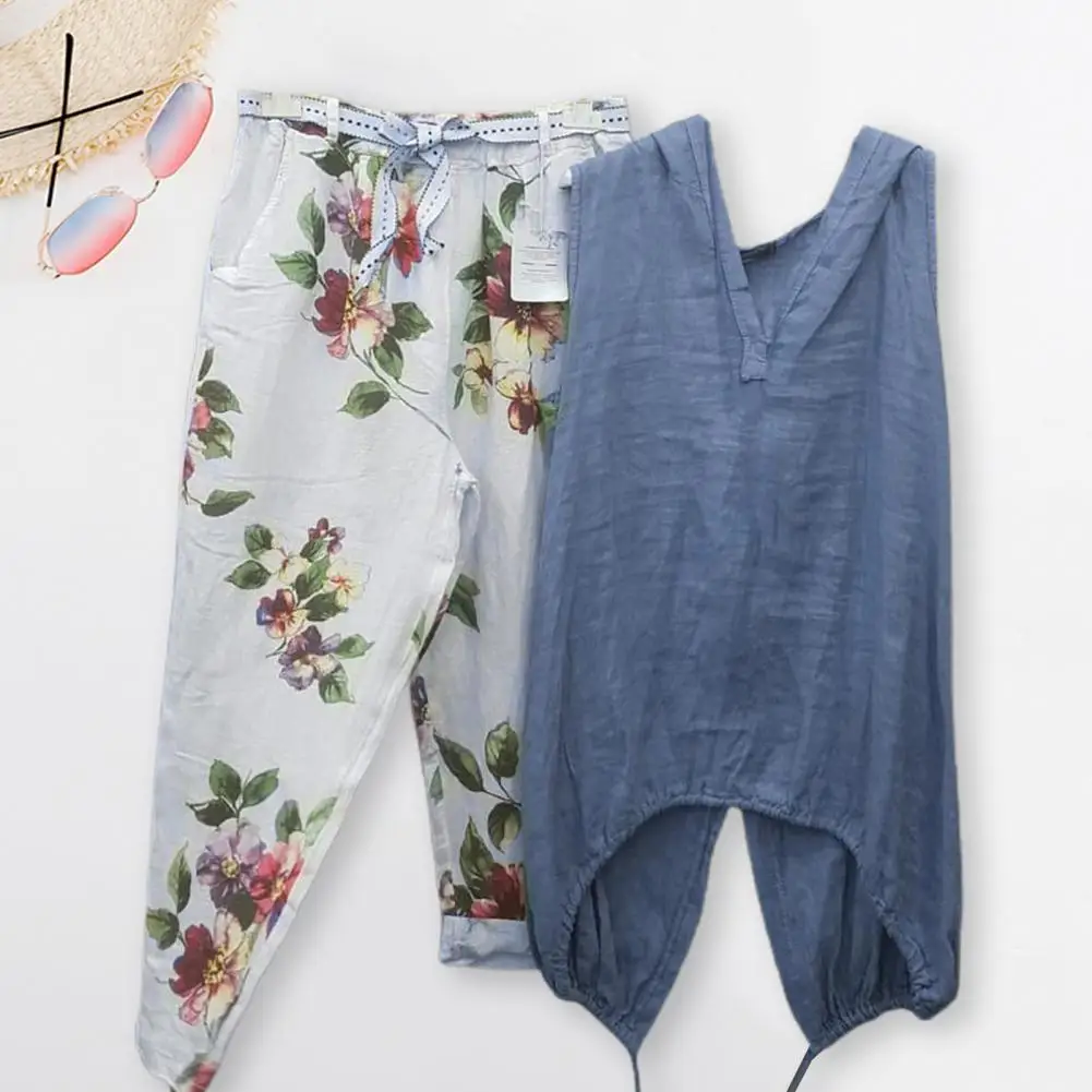 2 Pcs/Set Fashion Vest Pants Set  Two Pieces Split Women Tops Pants Set  Floral Pattern Summer Hoodie Trousers Set