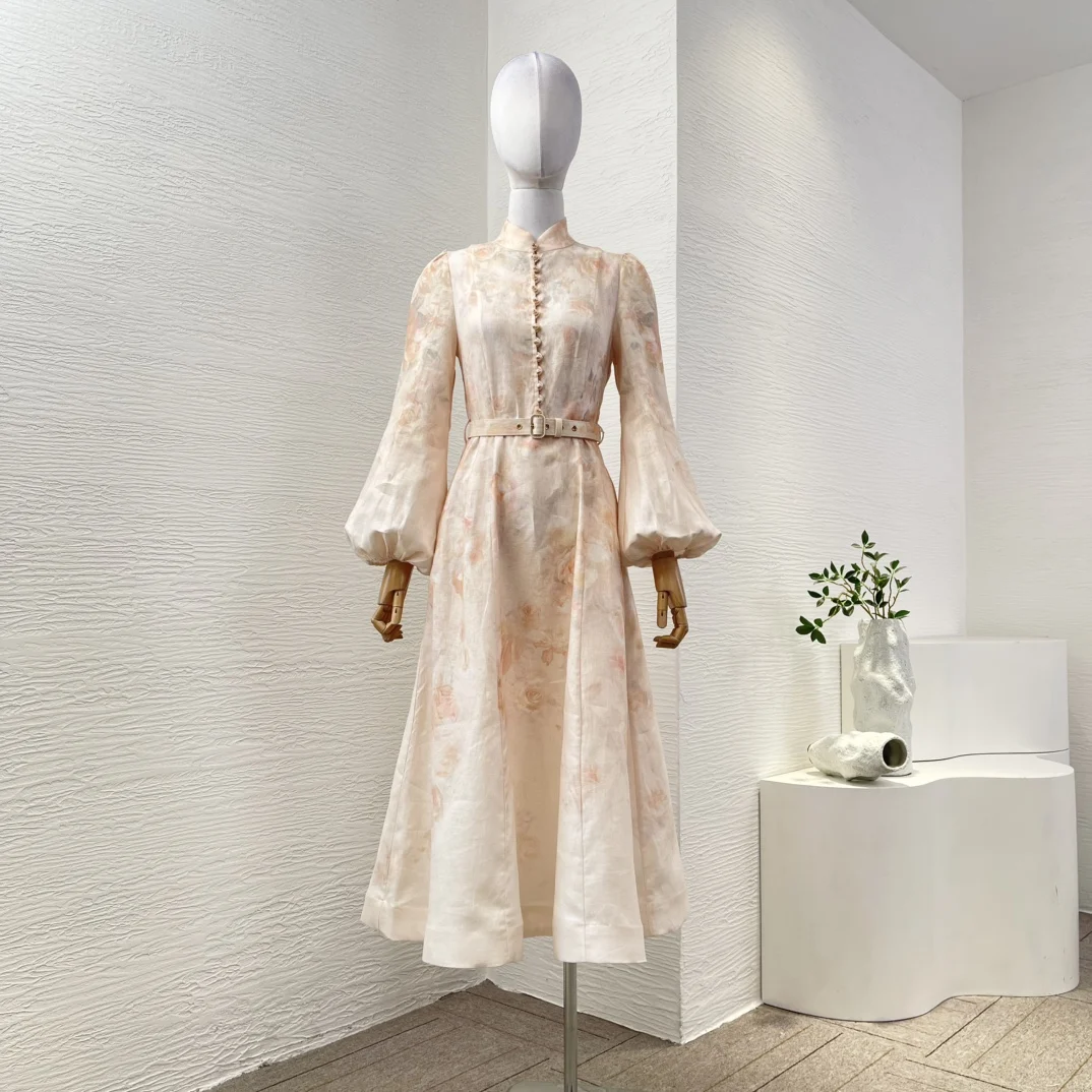 

New 2025 Beige Linen High Quality Hot Classic A-line Floral Print Collection Women Long Sleeve Midi Dress for Holiday