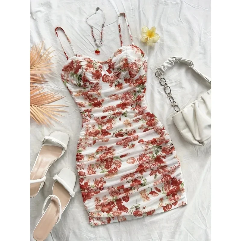 Französisches Blumen-Slip-Kleid für Damen, Frühling, Sommer, modisch, sexy Temperament, rückenfrei, Minikleider, Urlaubsstil, Sling-Strandrock